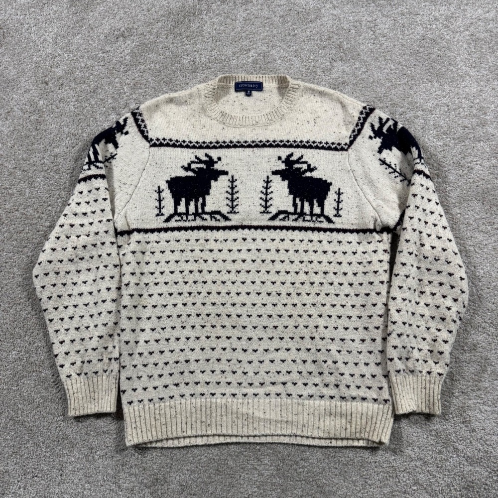 Crown & Ivy Mens Moose Fair Isle Crew Neck Sweater Oatmeal Blue Medium